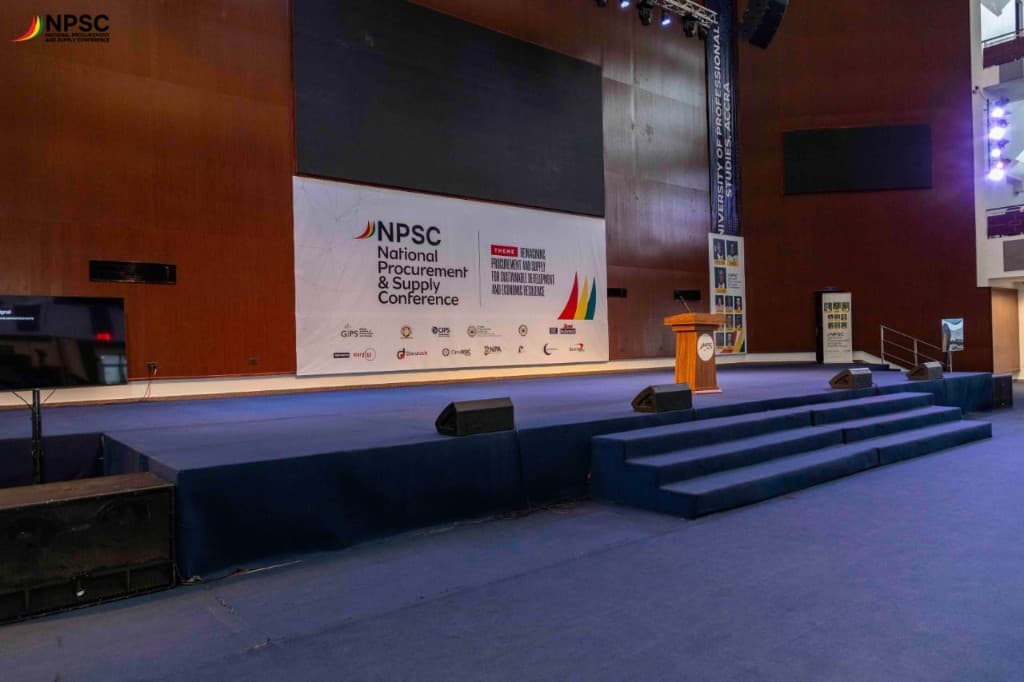 The NPSC main stage and lectern set up at the venue