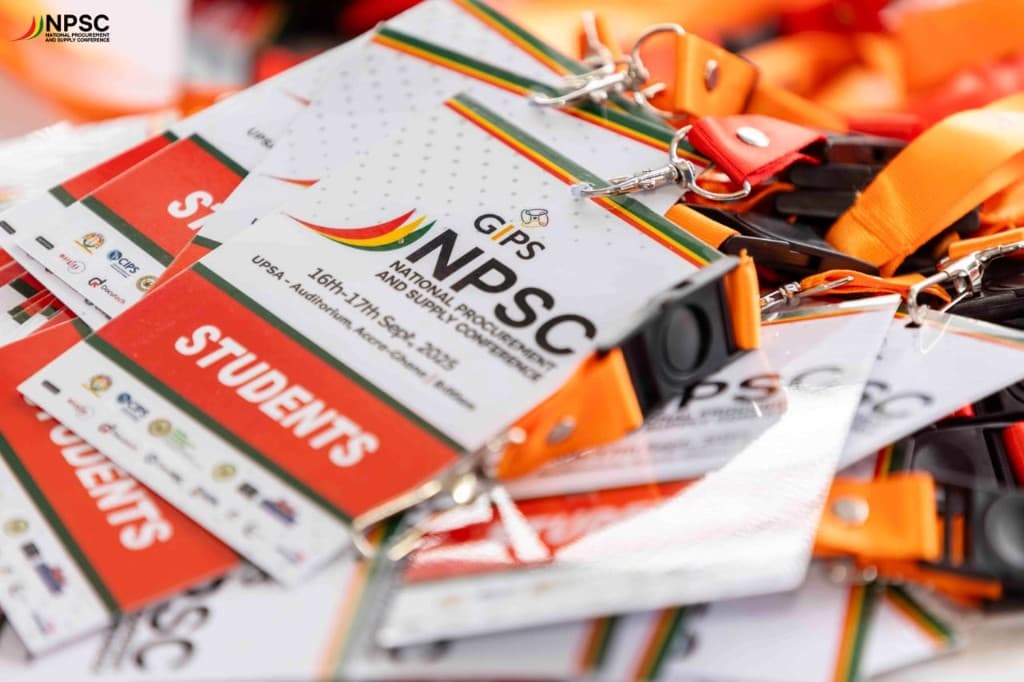 NPSC student badges and lanyards on a table
